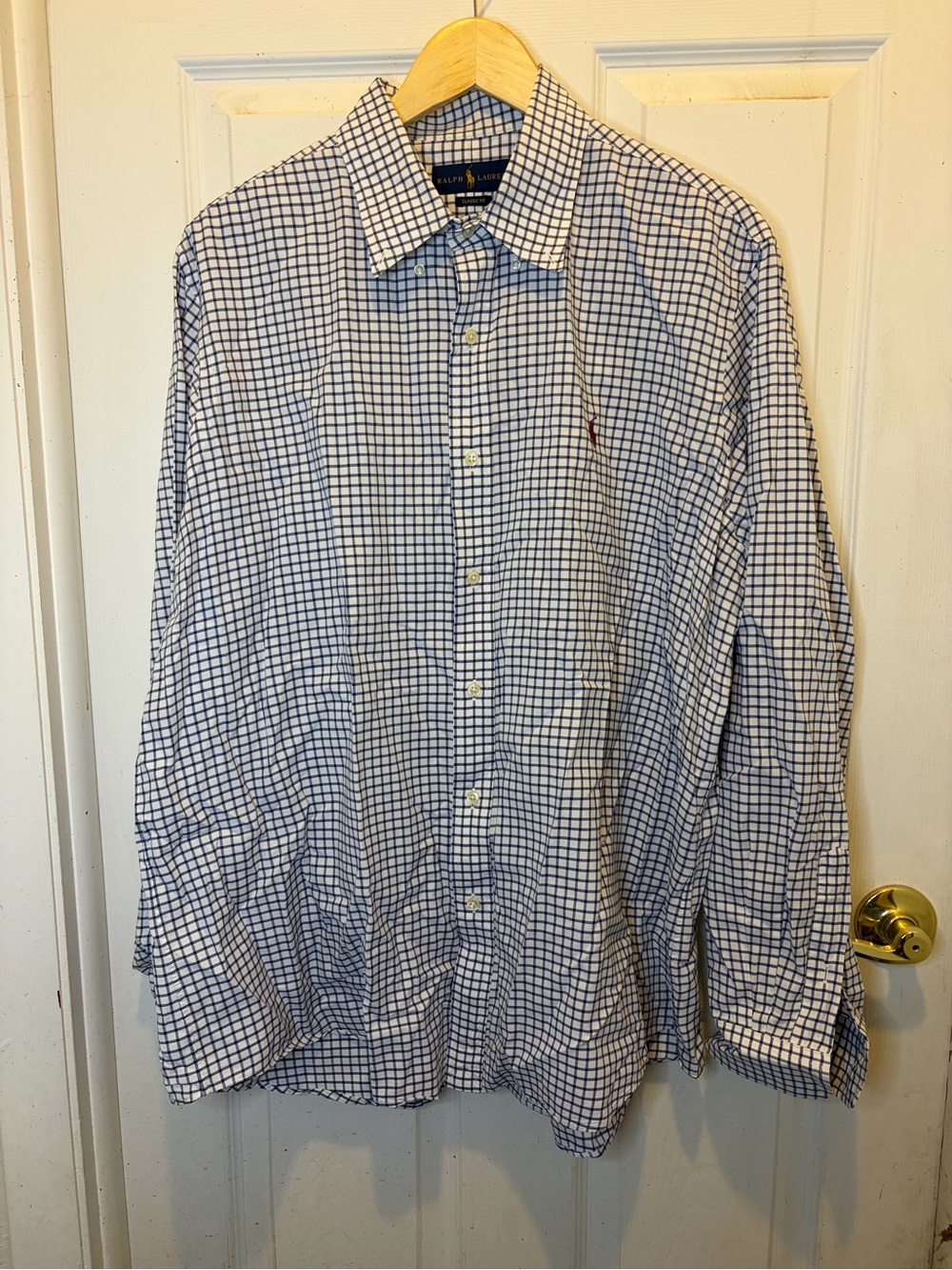 Ralph Lauren Men's Blue Check Classic Fit Dress Shirt with Maroon Pony